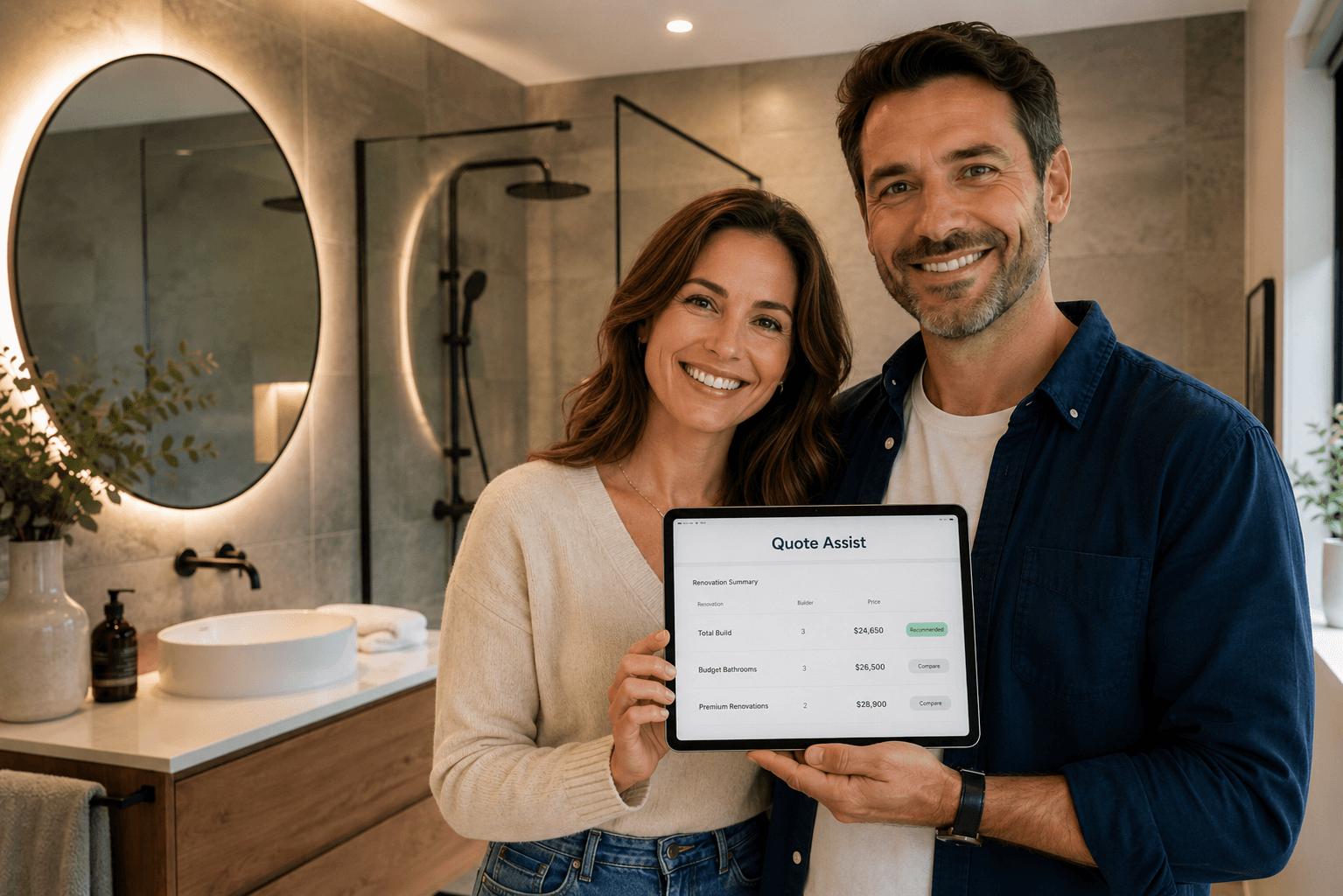 Happy couple holding a Quote Assist decision pack on a tablet in a renovated bathroom