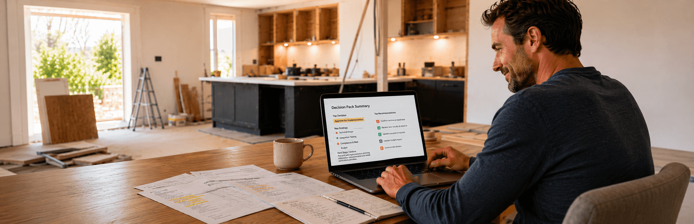 Customer reviewing a Quote Assist decision pack summary on a laptop at home