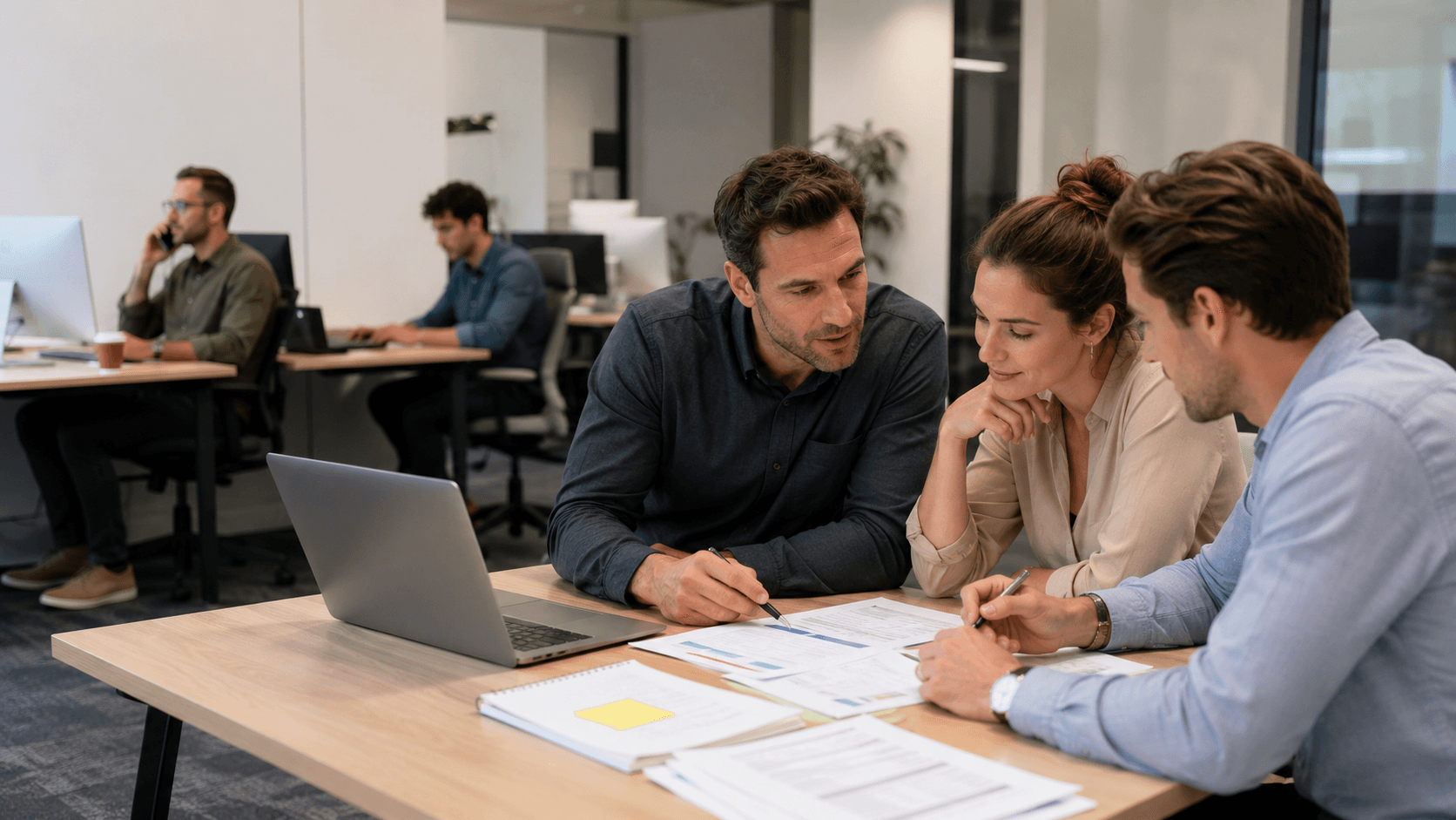 People reviewing documents together in a professional office setting